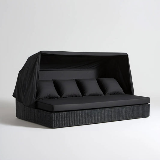 Czarna ogrodowa sofa z technorattanu z daszkiem 200 x 160 x 150 cm