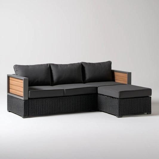 Prawostronna narożna sofa ogrodowa z szezlongiem 220 x 145 x 70 cm czarno-brązowa