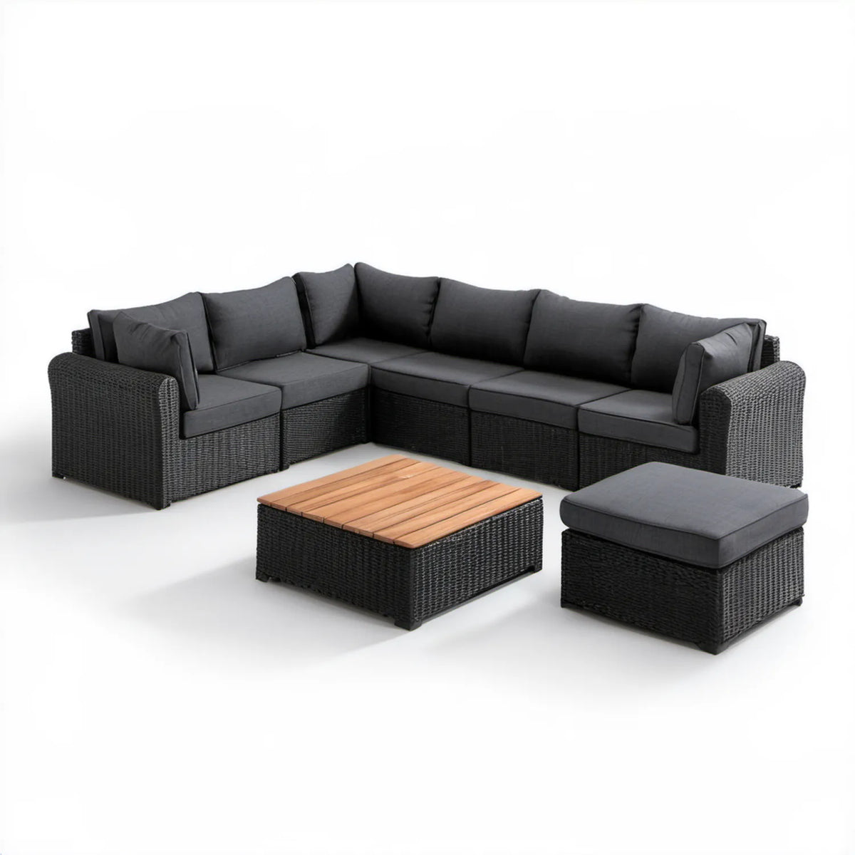 Modułowy narożnik ogrodowy z technorattanu PE 255 x 255 cm, czarny z ciemnoszarymi poduszkami