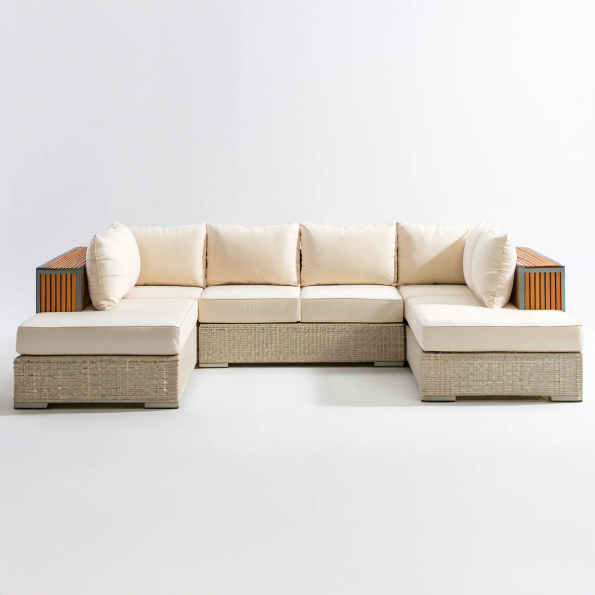 Modułowa sofa ogrodowa w kształcie U, kremowo-jasnobeżowa, 300 × 150 × 75 cm, technorattan PE i aluminium