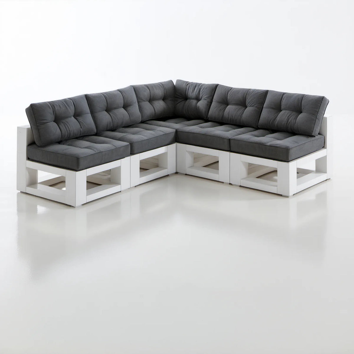 Ogrodowa sofa narożna 5-osobowa Biała/Grafitowa 230 x 230 x 80 cm z litego drewna sosnowego i poliestru