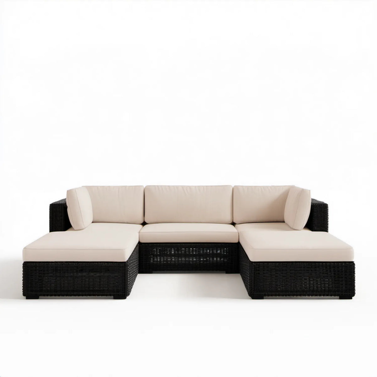 Modułowa sofa ogrodowa w kształcie U z technorattanu PE, czarno-beżowa, 220 x 140 x 65 cm