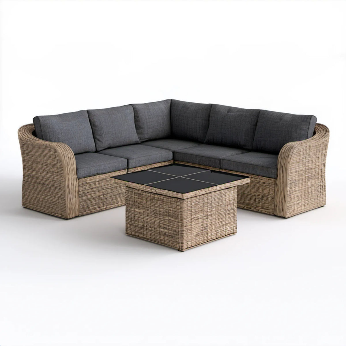 Ogrodowy narożnik z technorattanu PE ze stolikiem 220 × 220 × 85 cm Beżowy/Ciemnoszary/Czarny