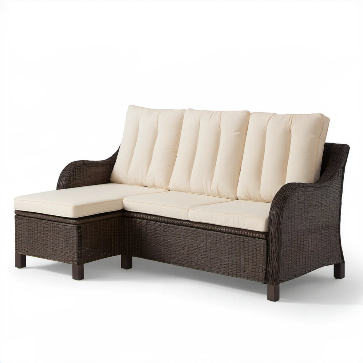 Dwuosobowa sofa z podnóżkiem z technorattanu PE, Ciemnobrązowa/Kremowa, 210 × 78 × 88 cm